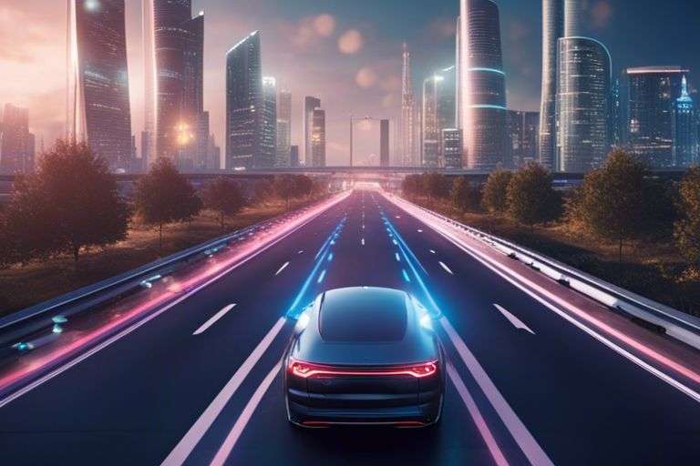 Car driving on illuminated futuristic city highway at dusk.